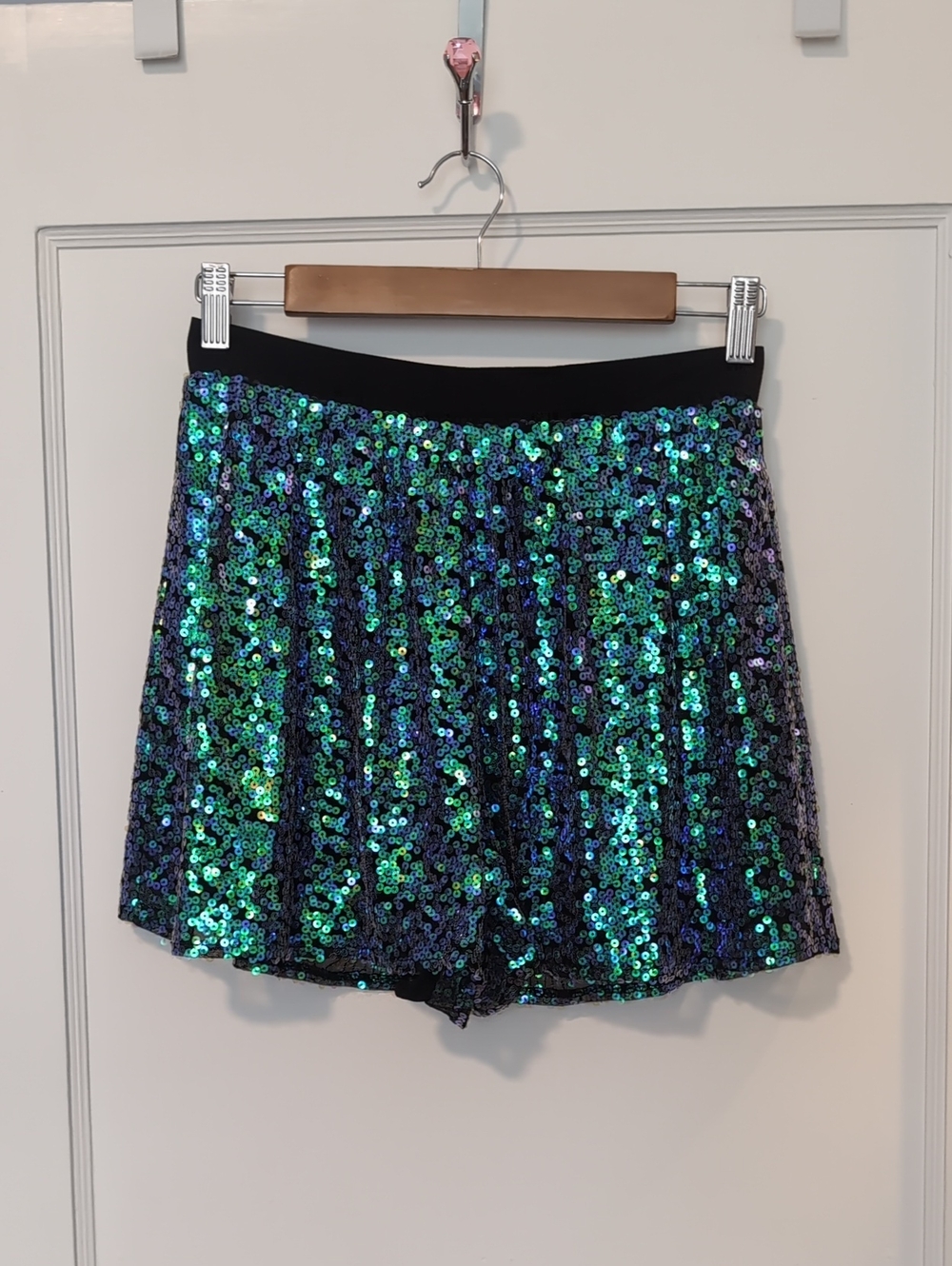 BCBGeneration Iridescent Green/Blue Sequin Shorts